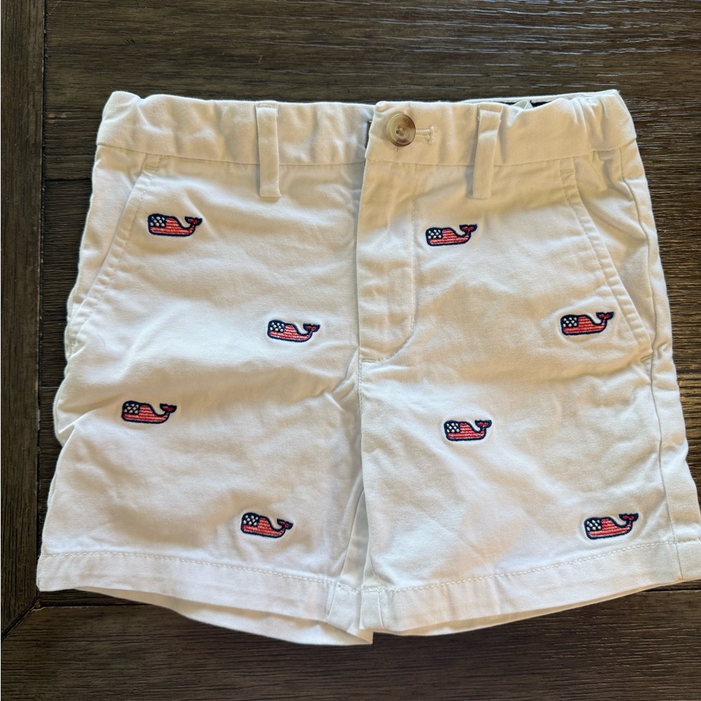 Vineyard Vines White Kids Shorts with Flag Whale Embroidery